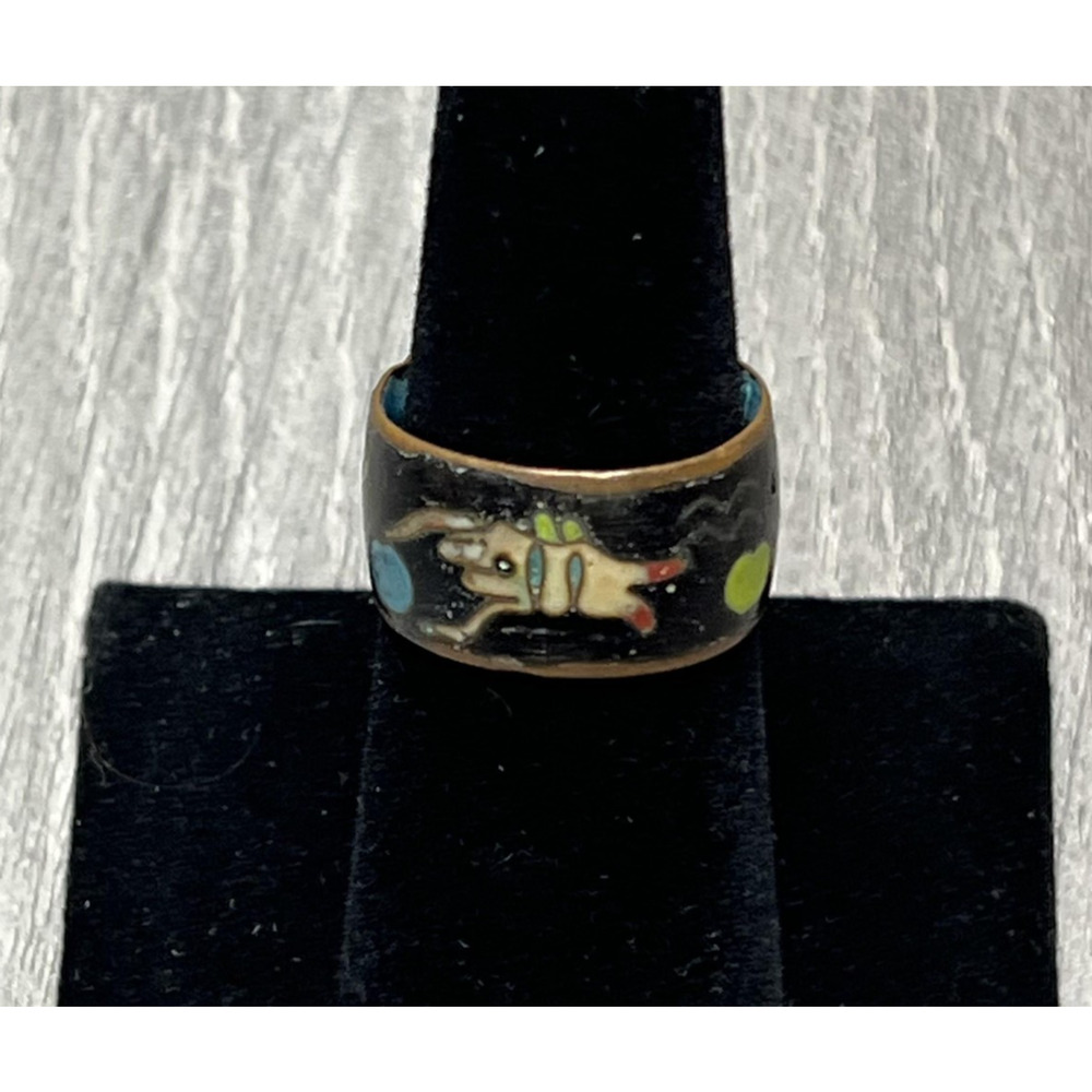 Cloisonne Enamel‎ Wide Band Ring Black Blue Dog Animal Design Unisex Art READ